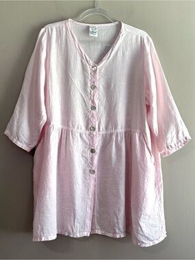 Match Point Light Pink Linen Buttondown Babydoll Lagenlook Tunic Womens Small